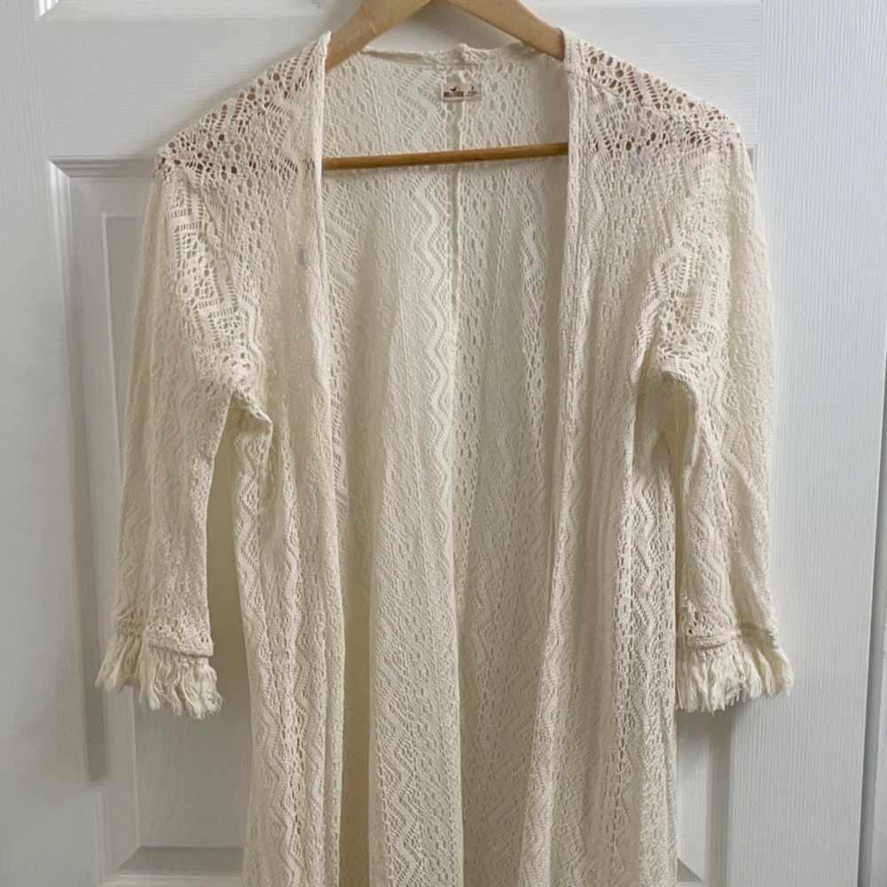 Hollister Festival Crochet Lace Open-Front Fringe Sleeve Duster Size Women’s Med